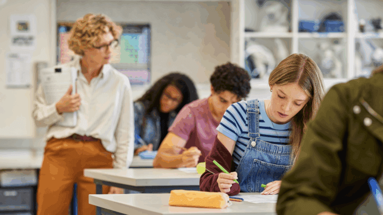 Students getting help from teacher